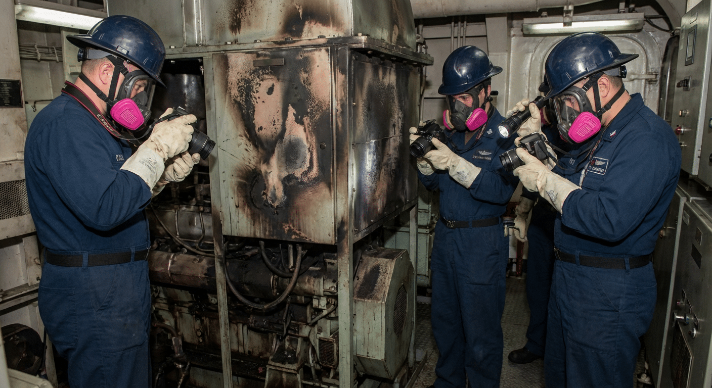 Equipe investigation incendie en salle des machines