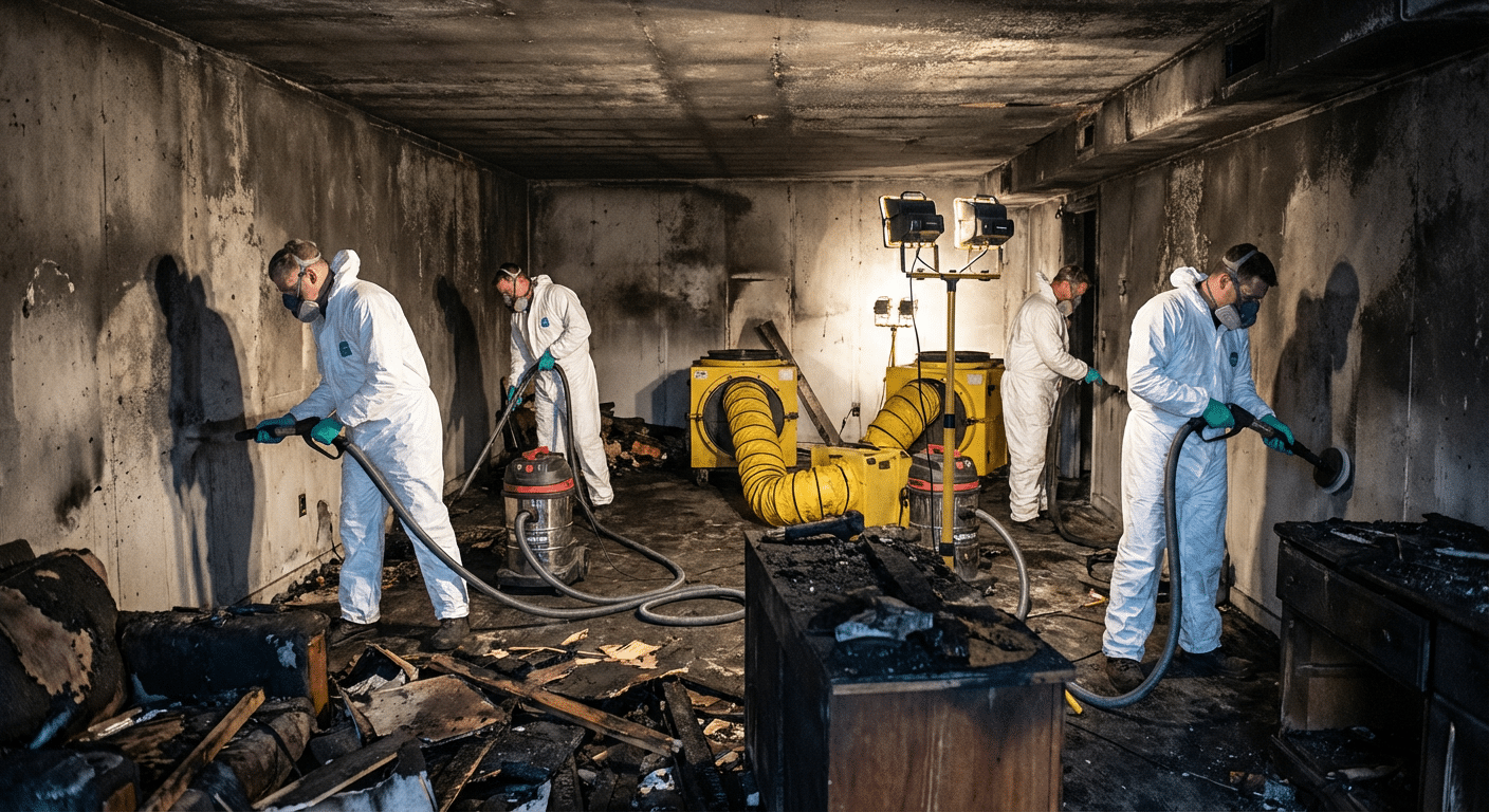 Equipe professionnelle de nettoyage apres incendie en combinaison de protection retirant la suie des murs