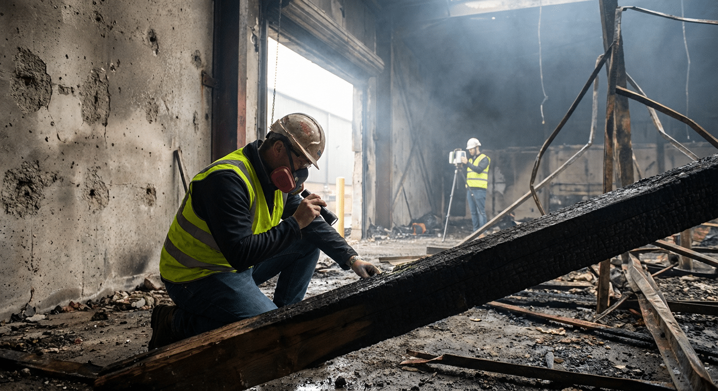 Ingenieur structure evaluant les dommages causes par le feu aux poutres et murs porteurs du batiment