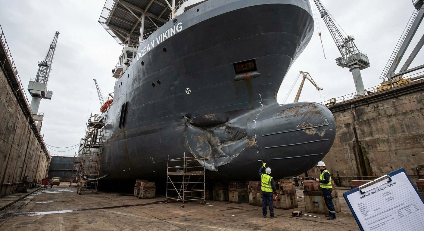 Evaluation des dommages maritimes apres collision sur un navire en cale seche