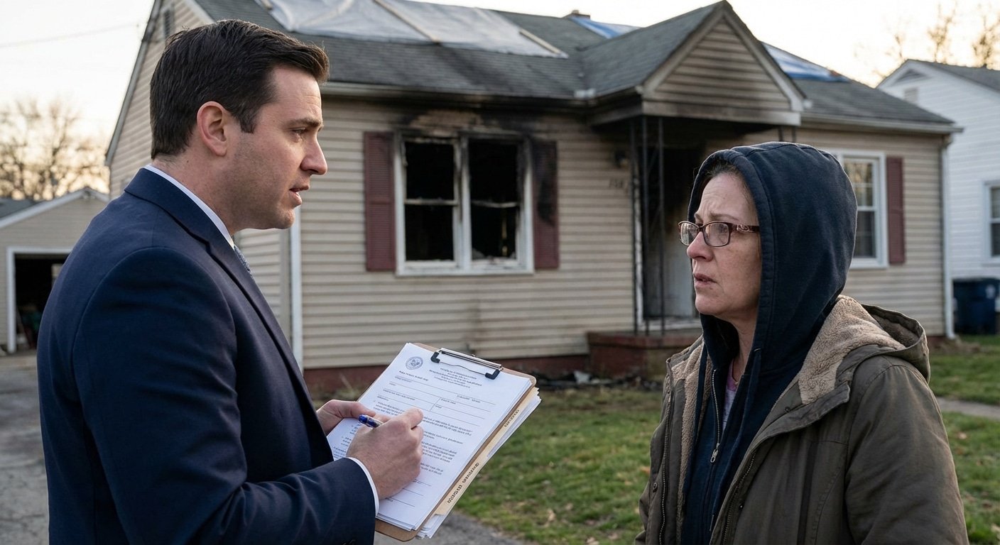 Expert assurance evaluant les dommages apres un sinistre incendie avec le proprietaire