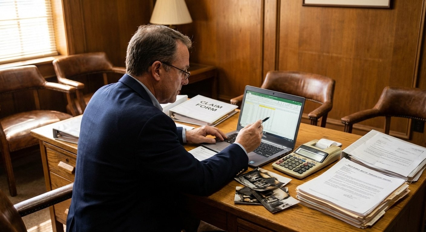 Expert assurance examinant un dossier de sinistre incendie