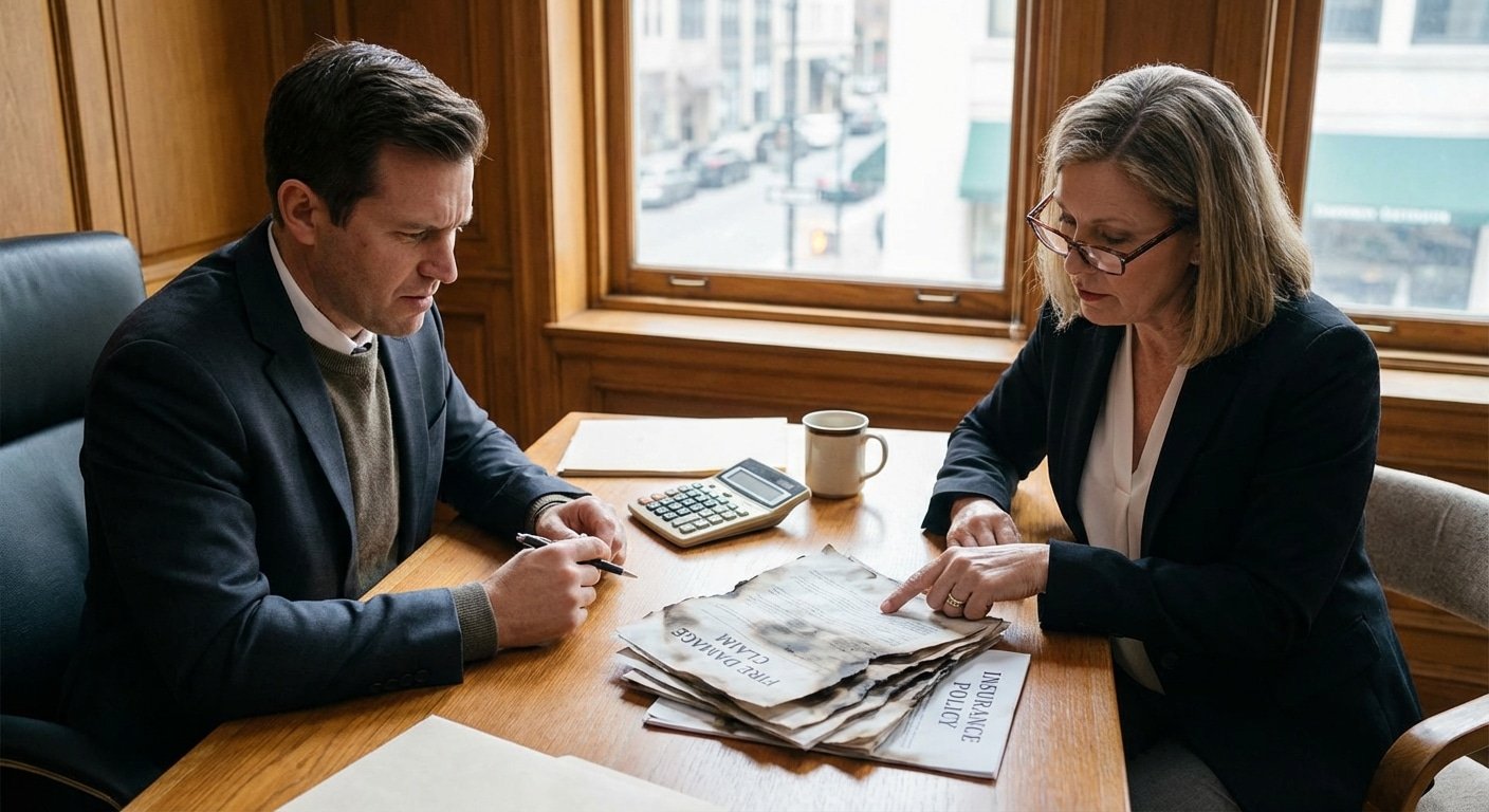 Expert assure en reunion avec client documents et calculatrice