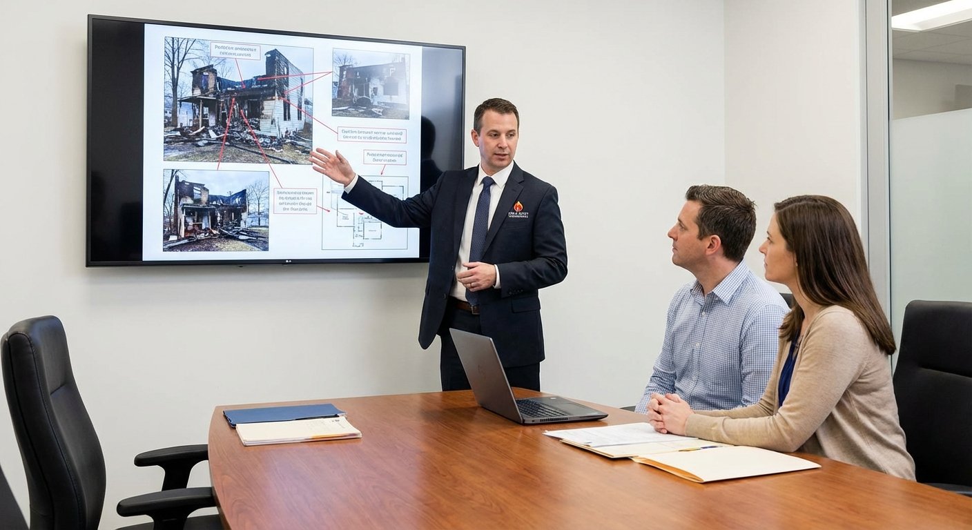 Expert incendie presentant ses conclusions techniques a des clients sinistres