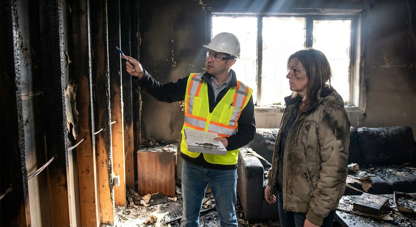 Expert d assure evaluant les dommages d un incendie avec le proprietaire sinistre
