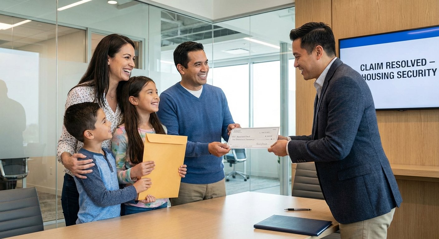 Famille soulagee recevant une indemnisation juste apres intervention d un expert d assure