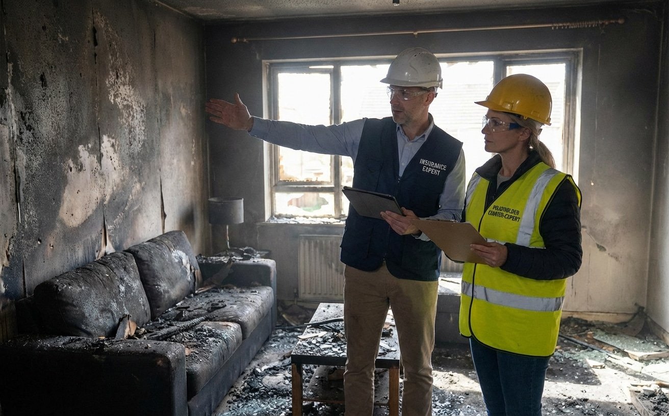 Expert assureur et contre-expert inspectant ensemble les dégâts d’un incendie dans un salon