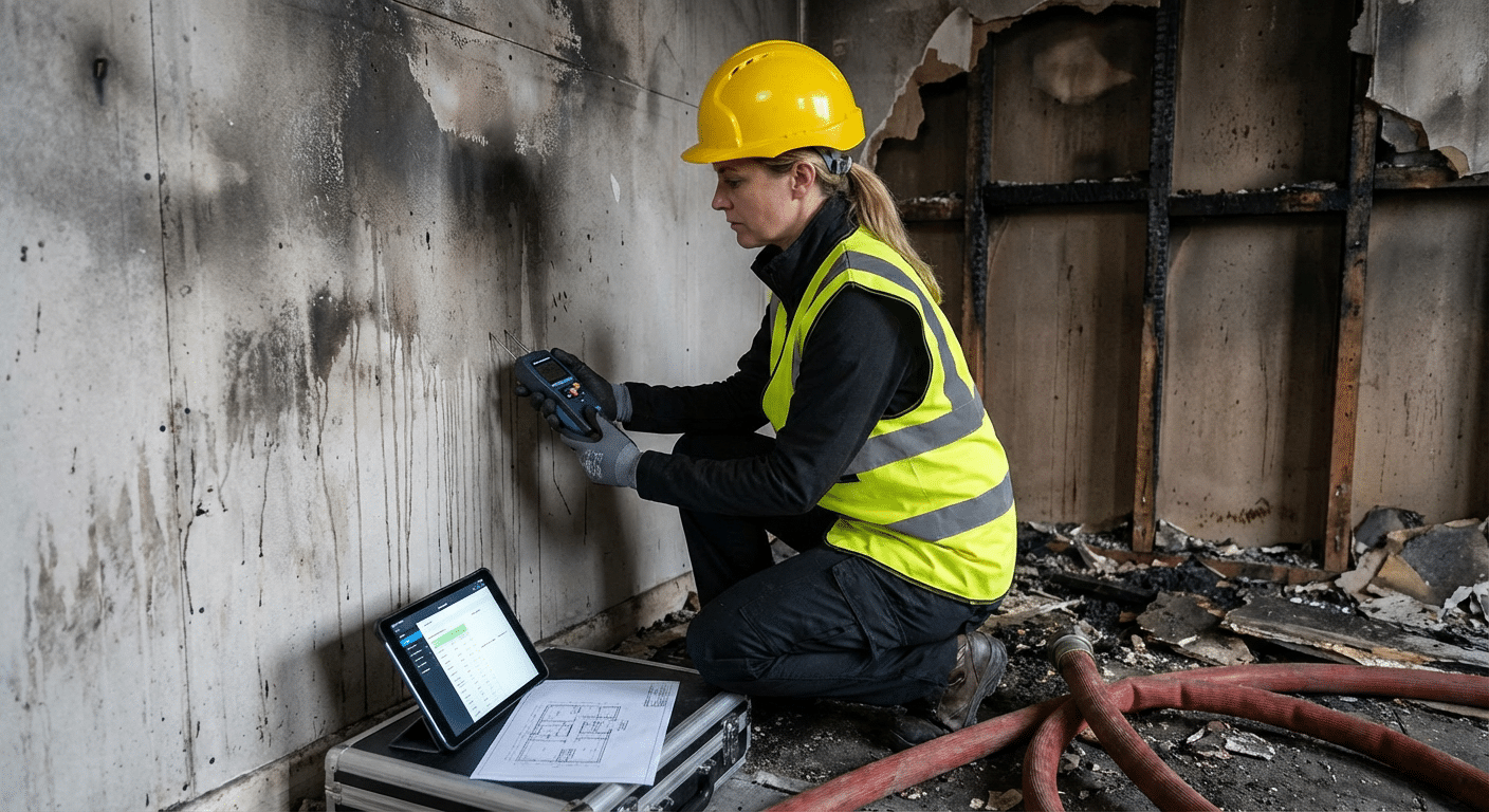 Expert mesurant les degats d'eau sur un mur apres extinction d'incendie