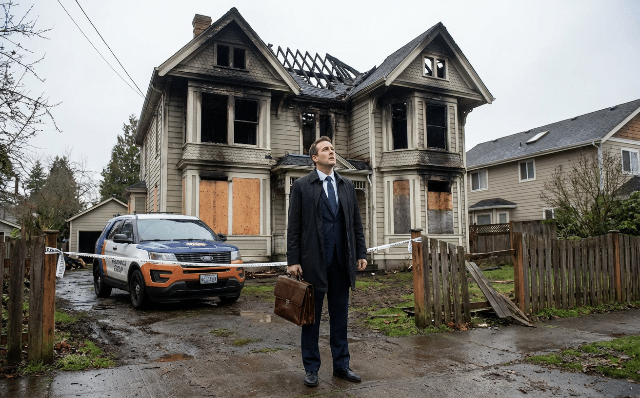 Expert d’assurance arrivant sur les lieux d’un sinistre incendie pour évaluation