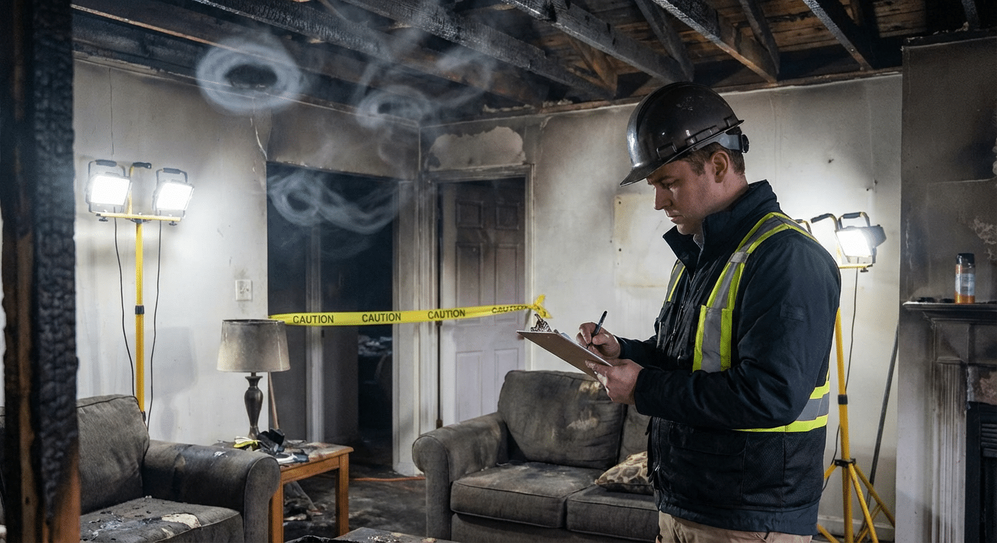 Expert assurance évaluant les dégâts après incendie