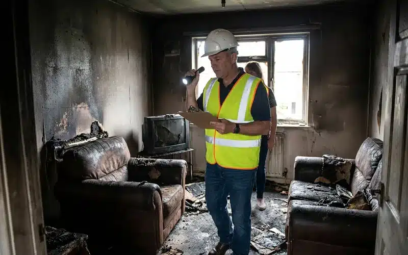 Expert d assurance evaluant les degats incendie dans une habitation