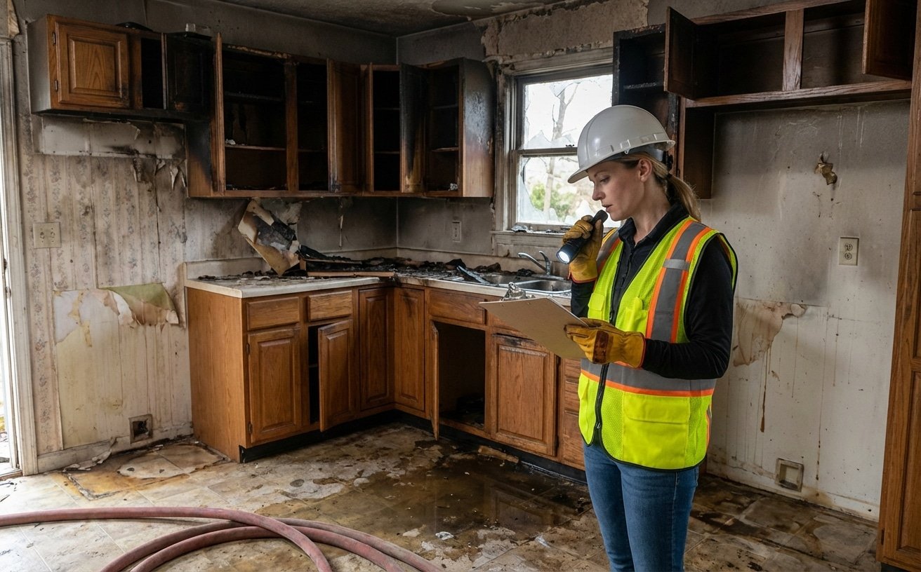 Expert d assurance inspectant les dégâts après un incendie de cuisine