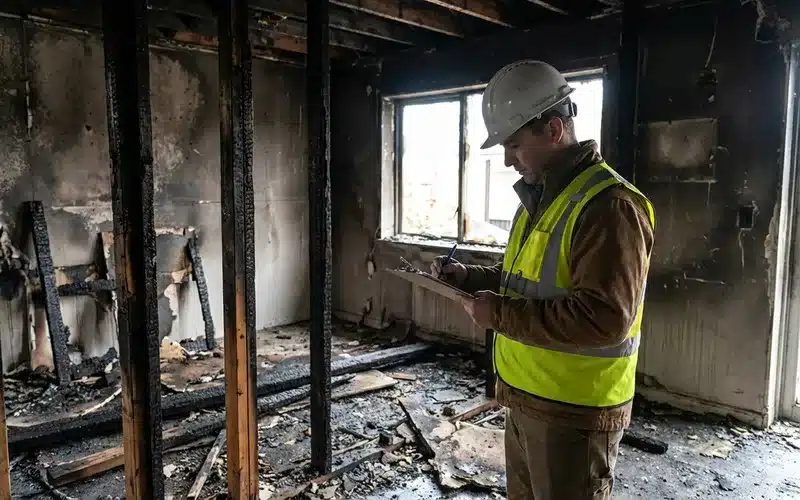 Expert d'assurance inspectant un batiment endommage par le feu