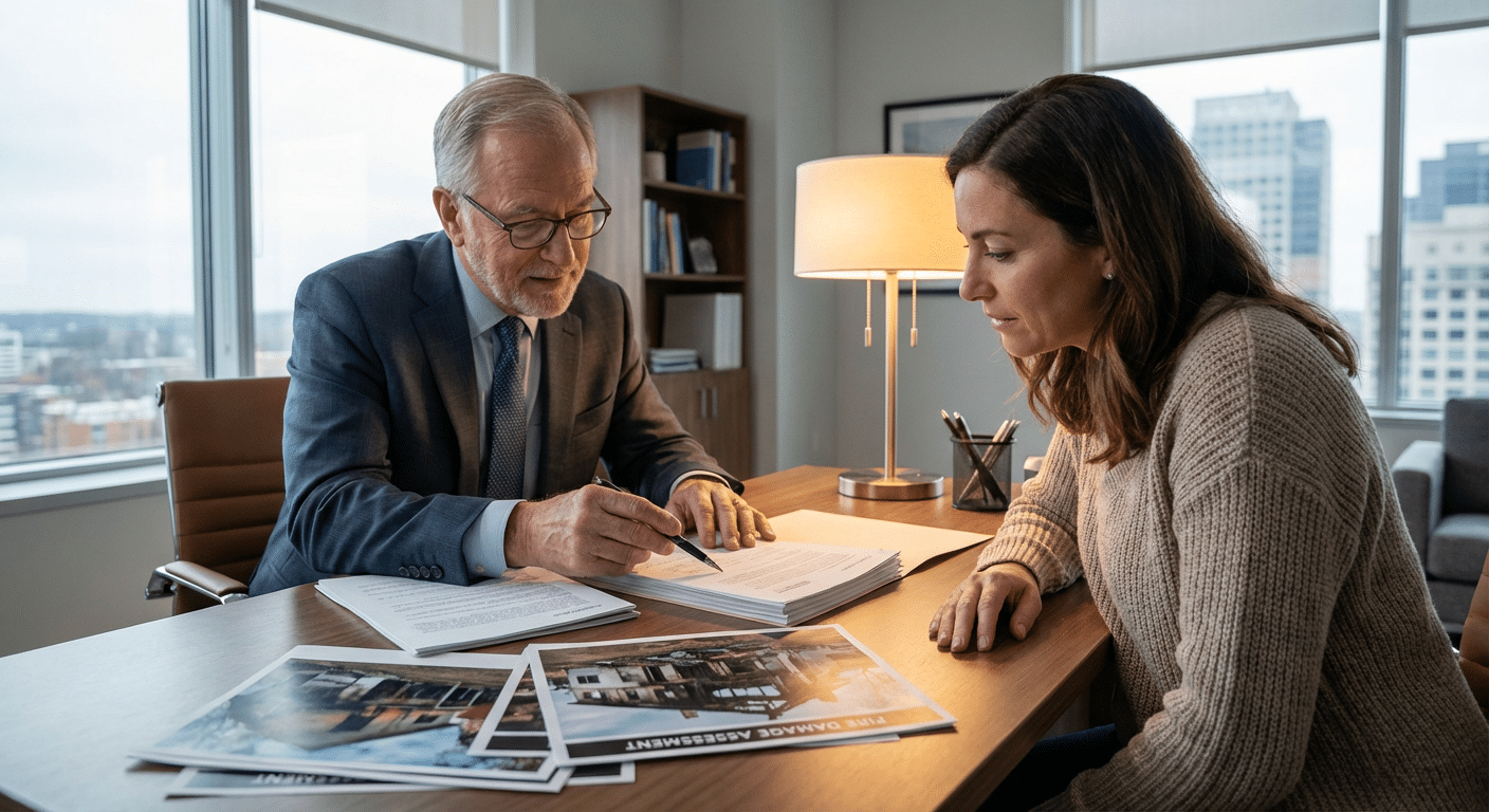 Expert d'assure incendie analysant un rapport de dommages avec un sinistre