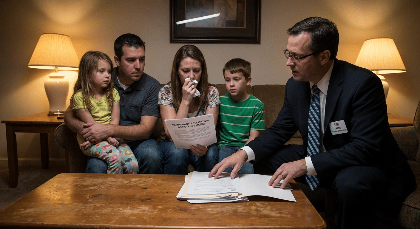 Expert d'assuré expliquant les droits de relogement à une famille sinistrée