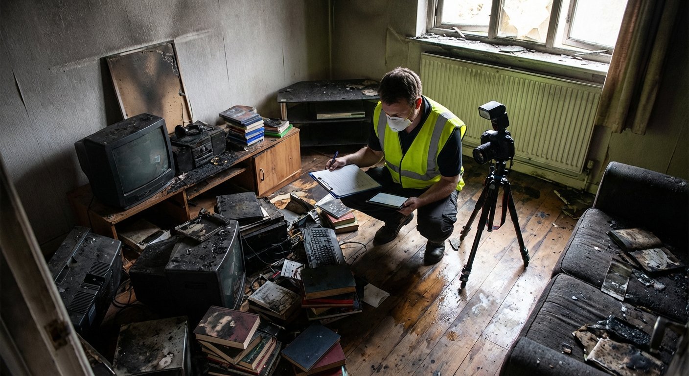 Expert documentant les biens endommages apres incendie