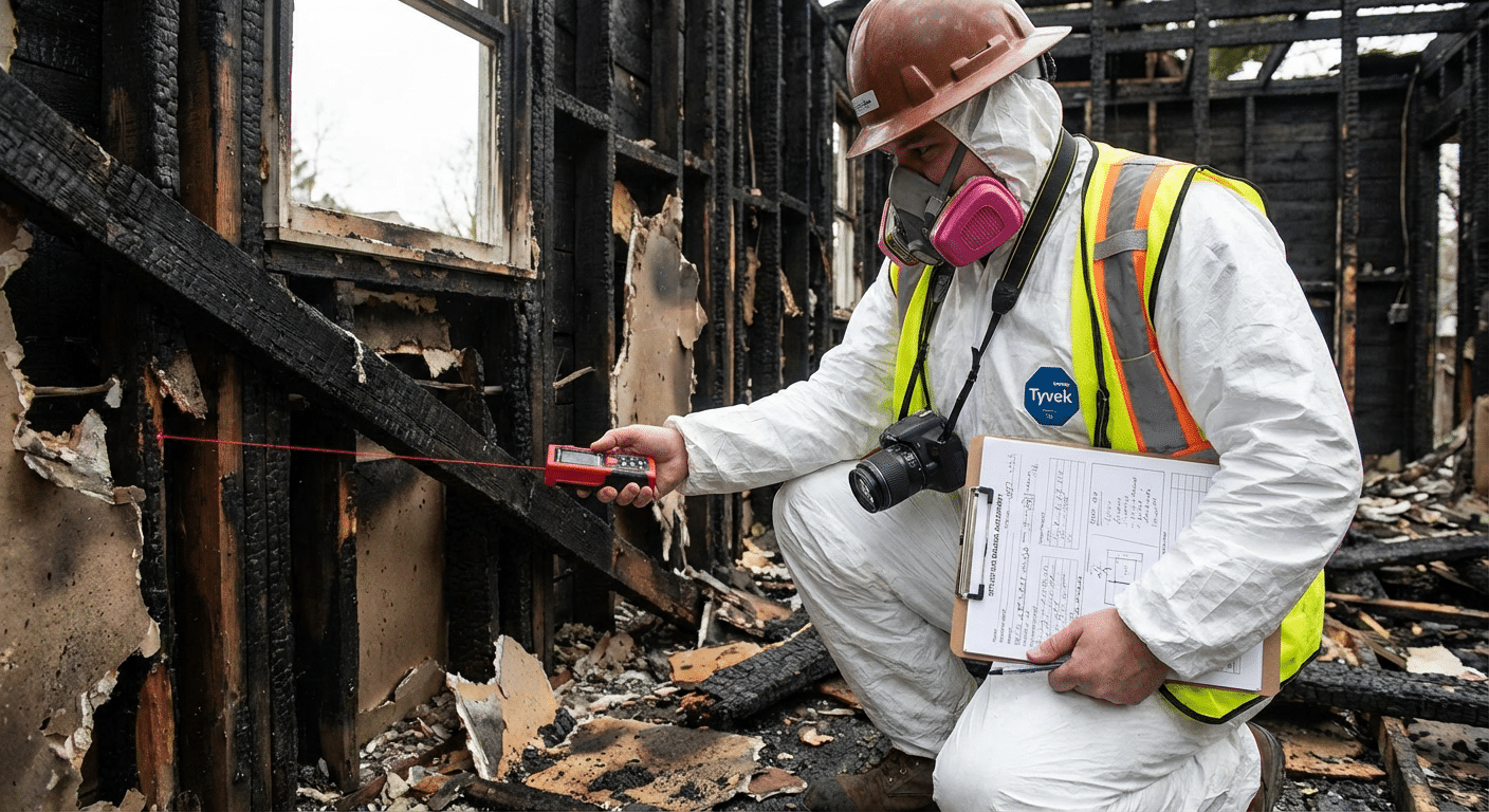 Expert documentant les dégâts structurels après incendie
