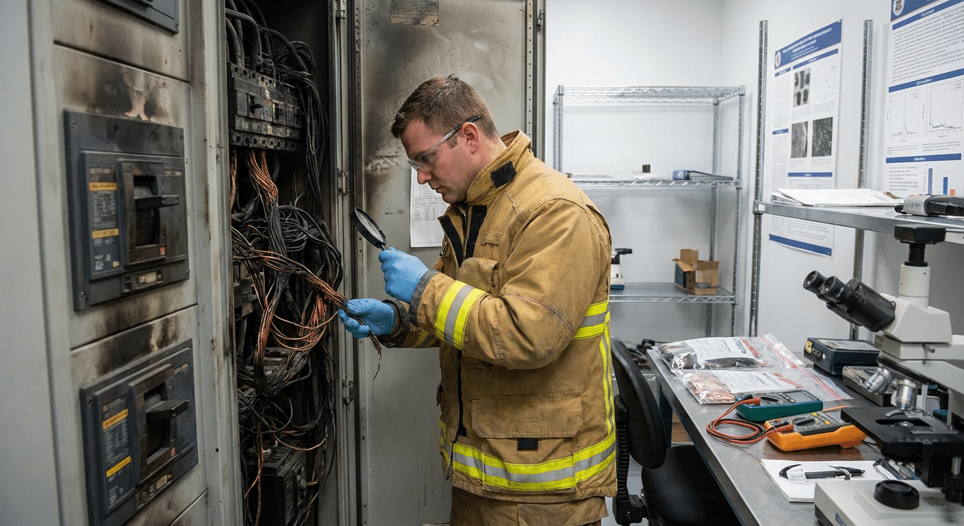 Expert en cause incendie analysant un tableau electrique