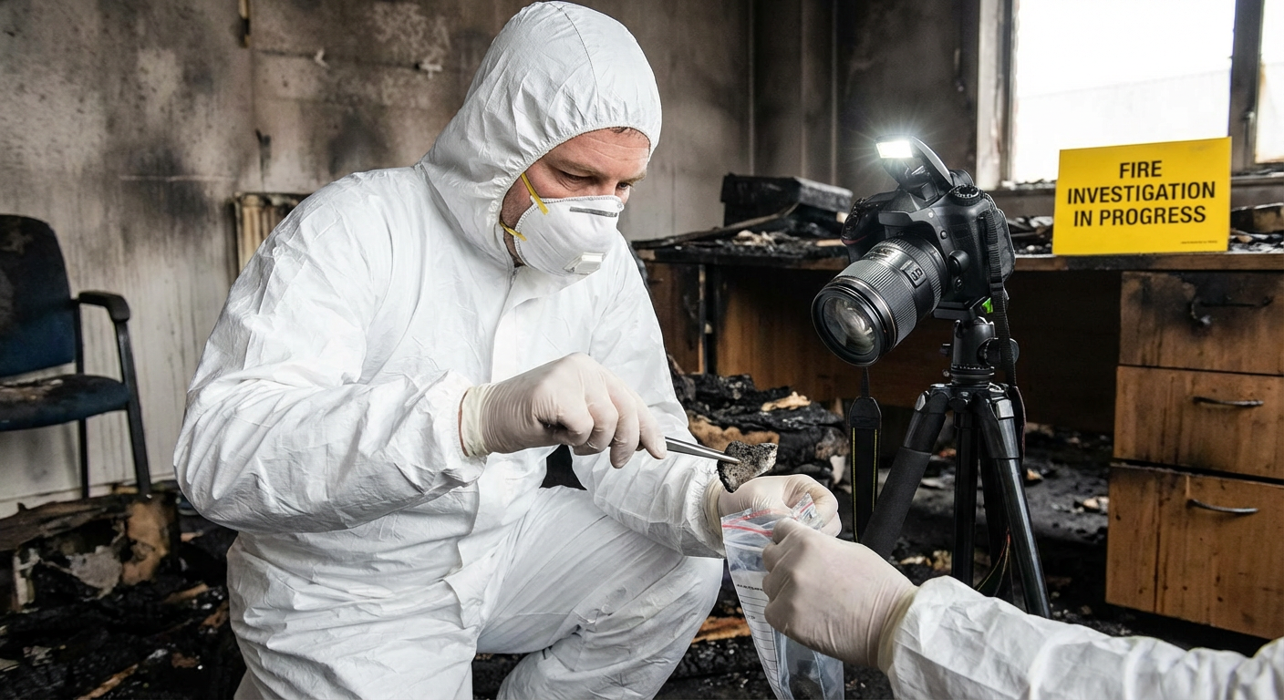 Expert en combinaison analysant un bureau sinistre par le feu