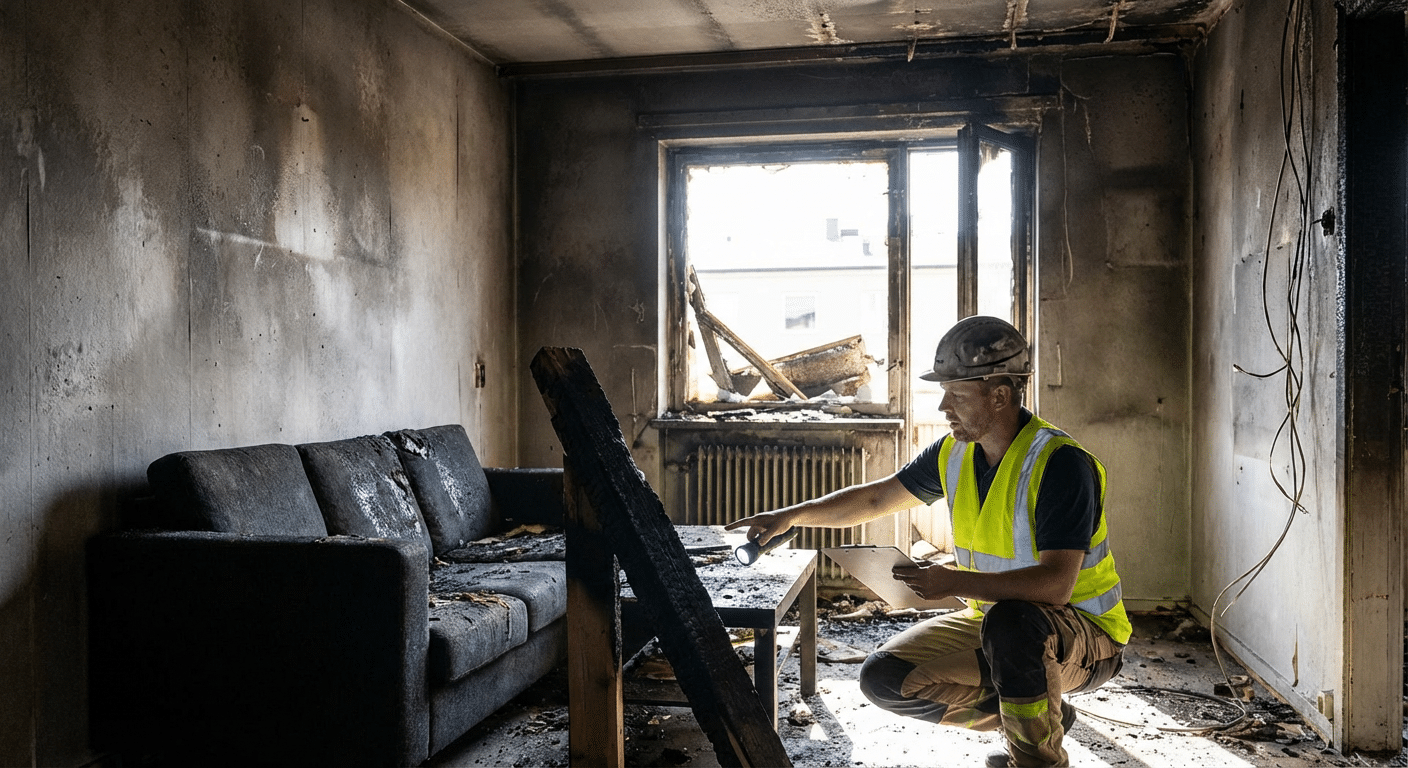 Expert incendie évaluant les dégâts dans un appartement sinistré