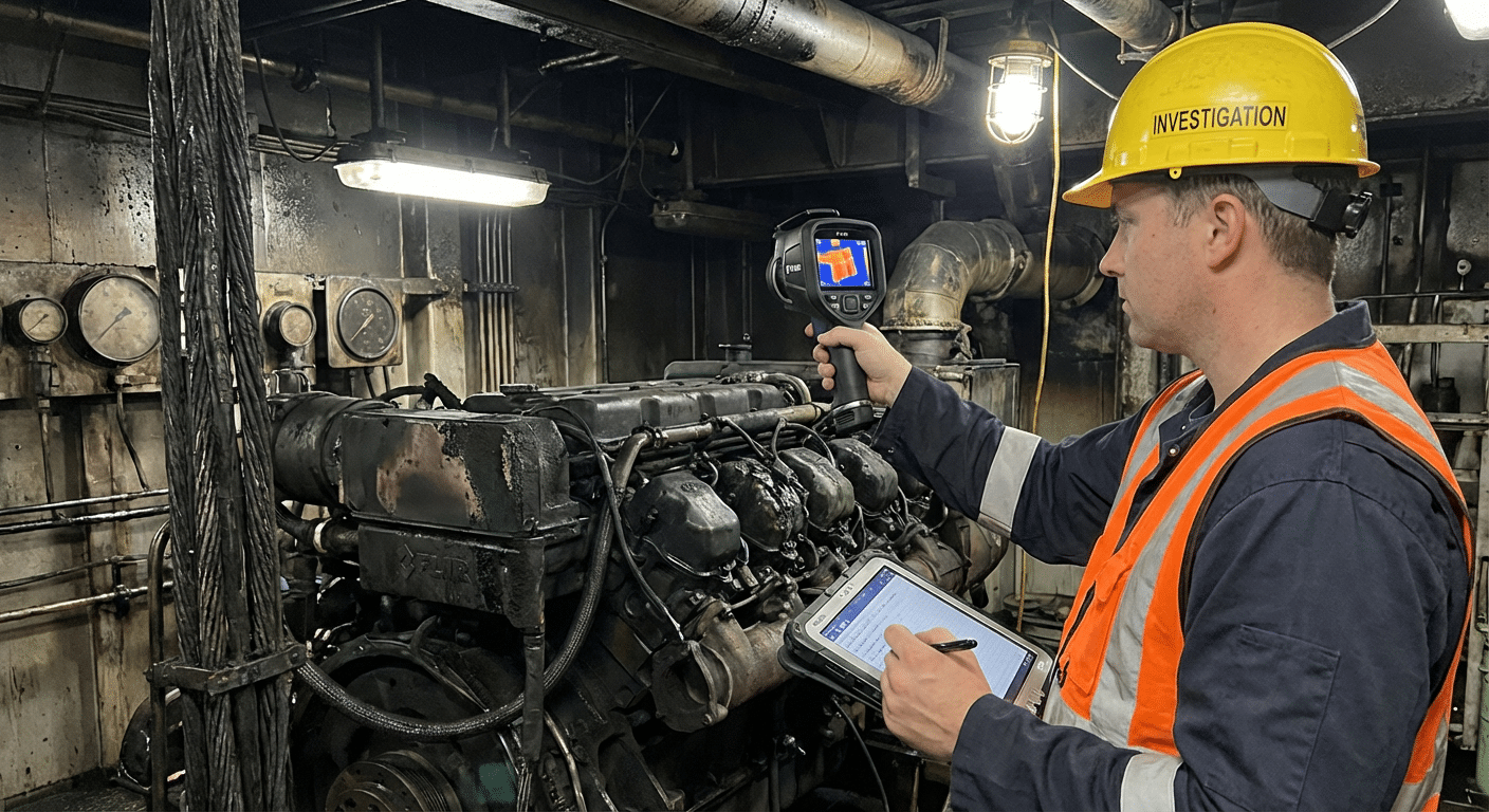 Expert en investigation incendie maritime examinant les dommages