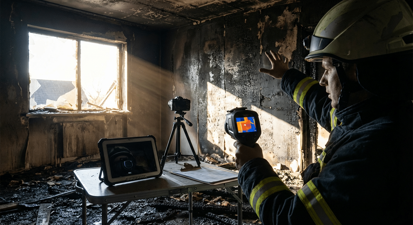 Expert evaluant les degats incendie avec camera thermique