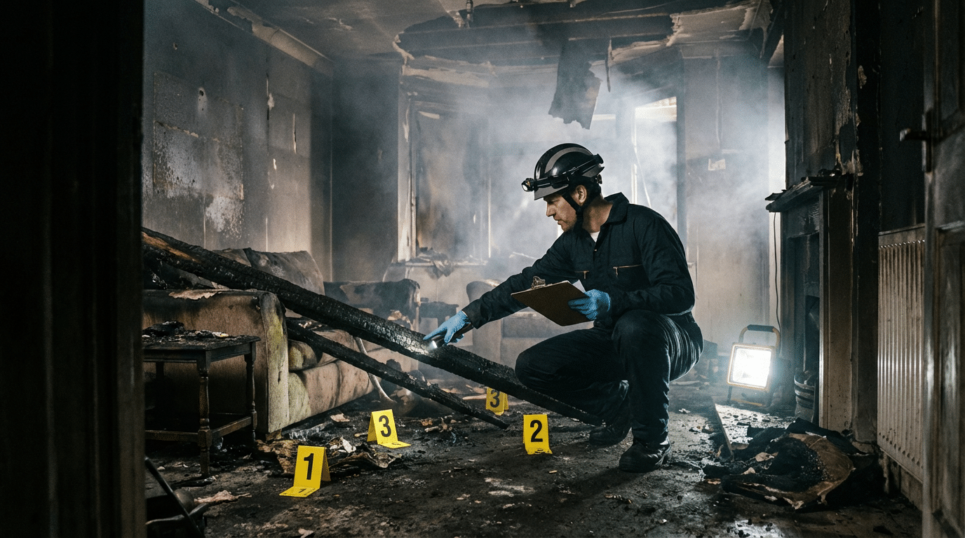 Expert examinant les degats dans une habitation apres incendie