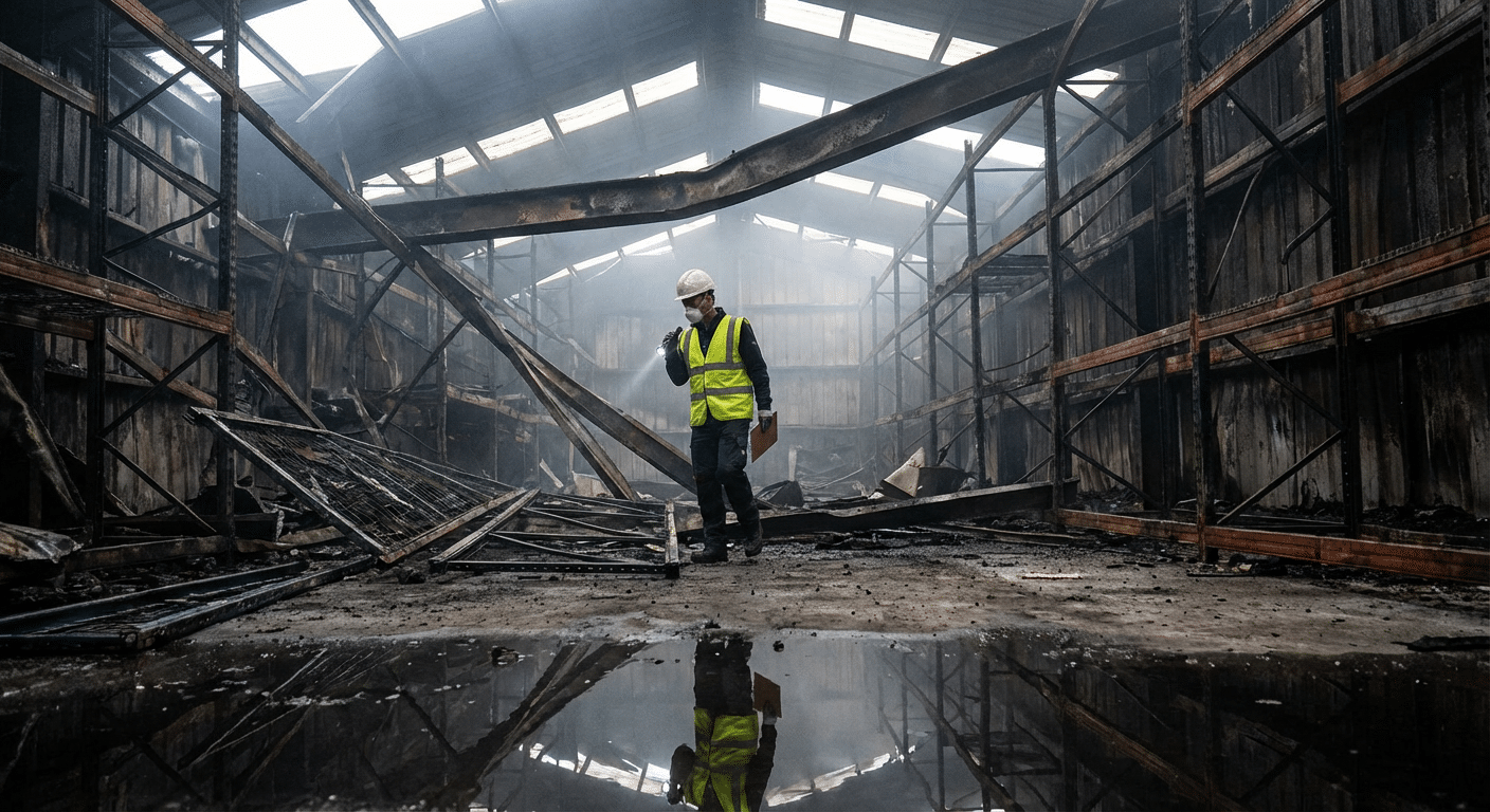 Expert examinant un entrepot apres incendie industriel