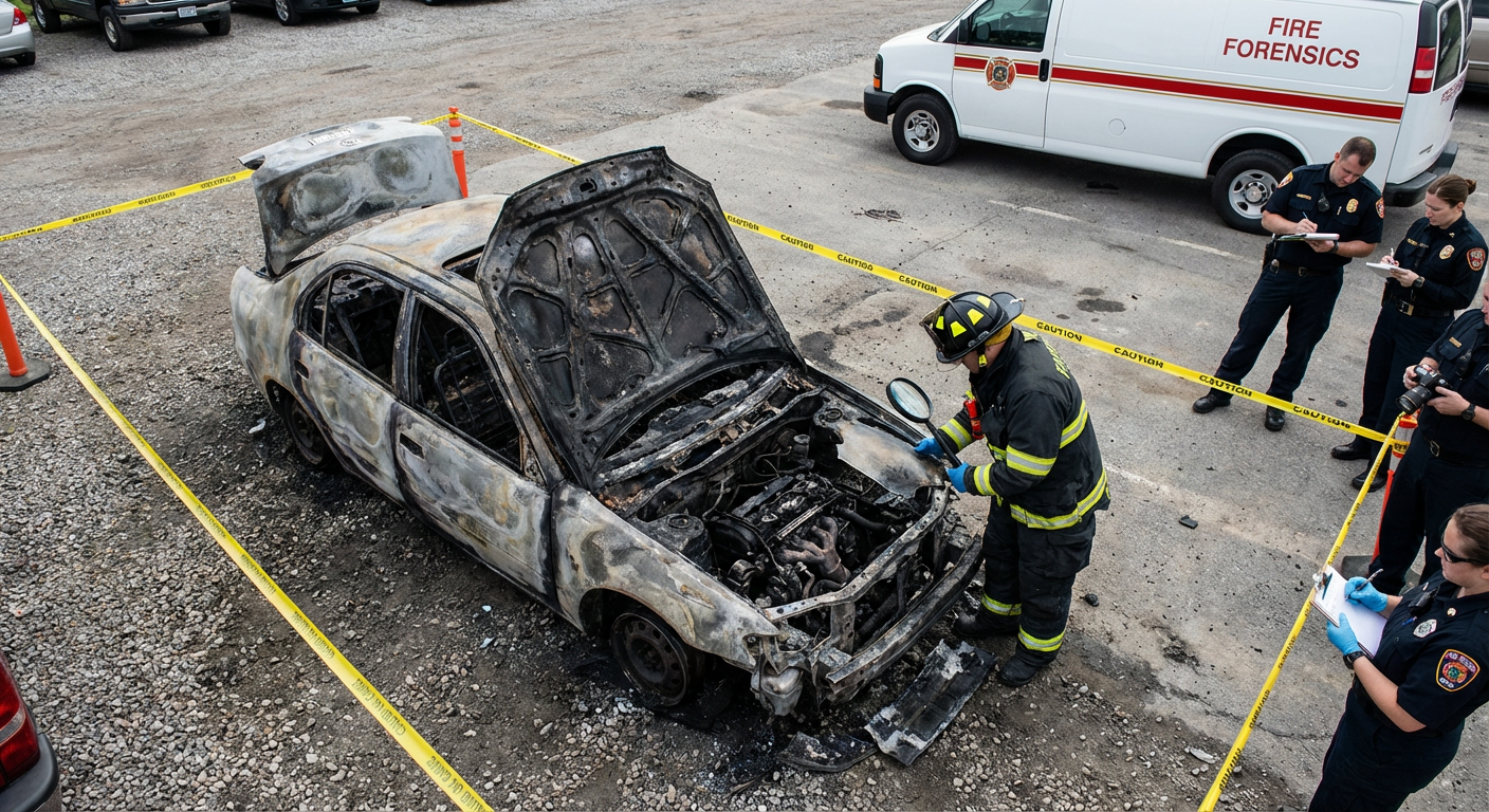 Expert examinant une epave de vehicule brule
