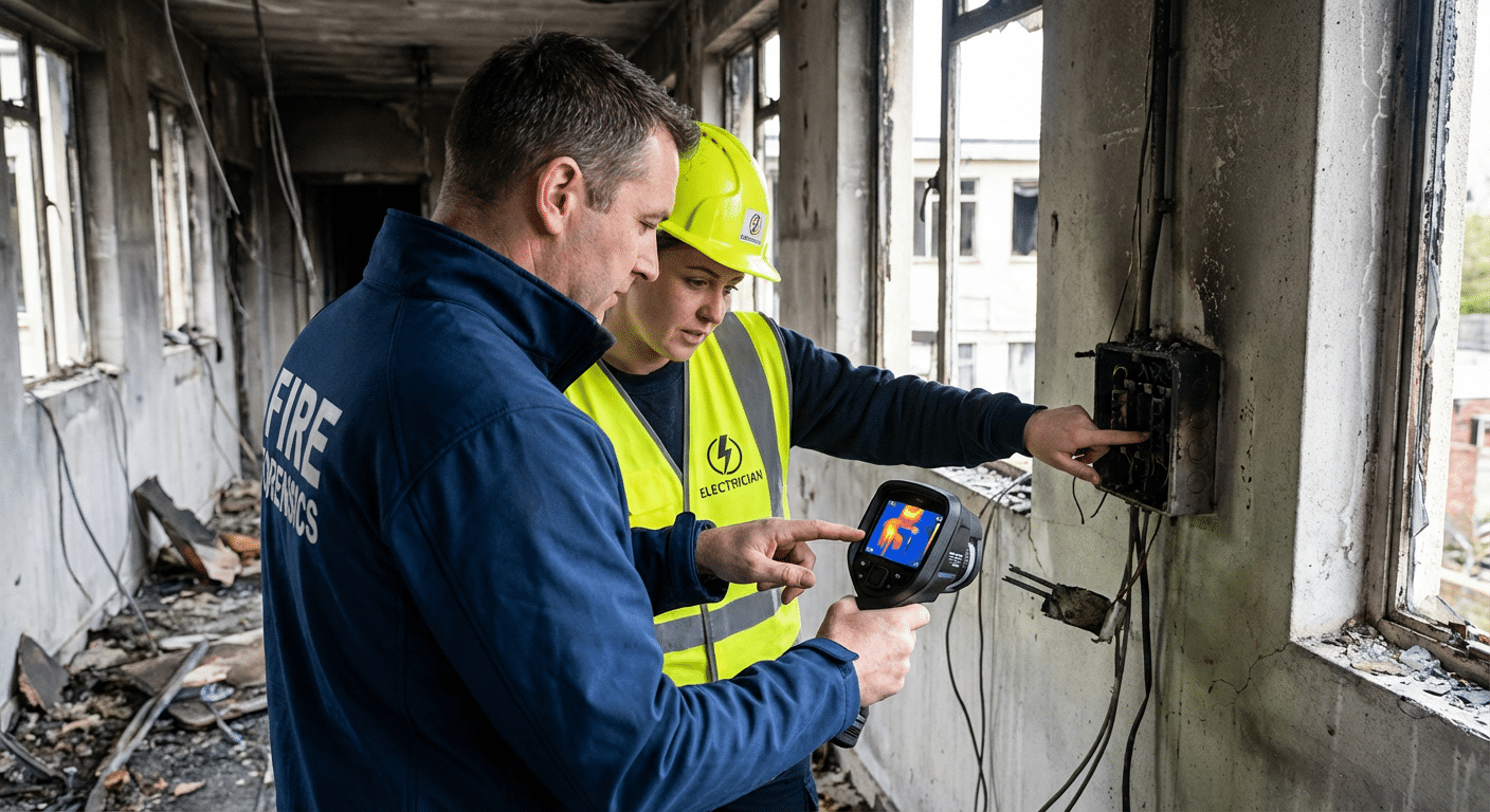 Expert incendie et électricien analysant les résultats thermiques