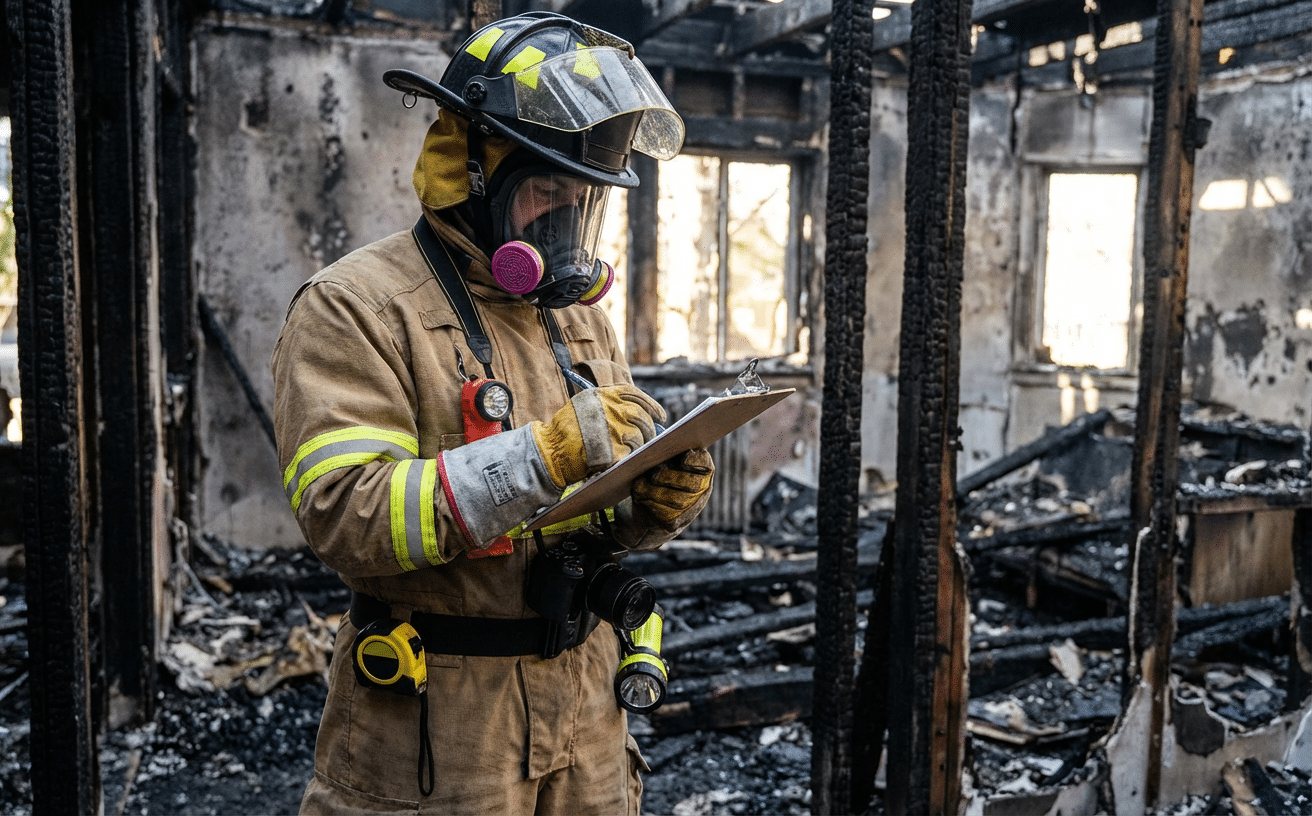Expert Fire Forensic évaluant les dégâts dans un bâtiment sinistré