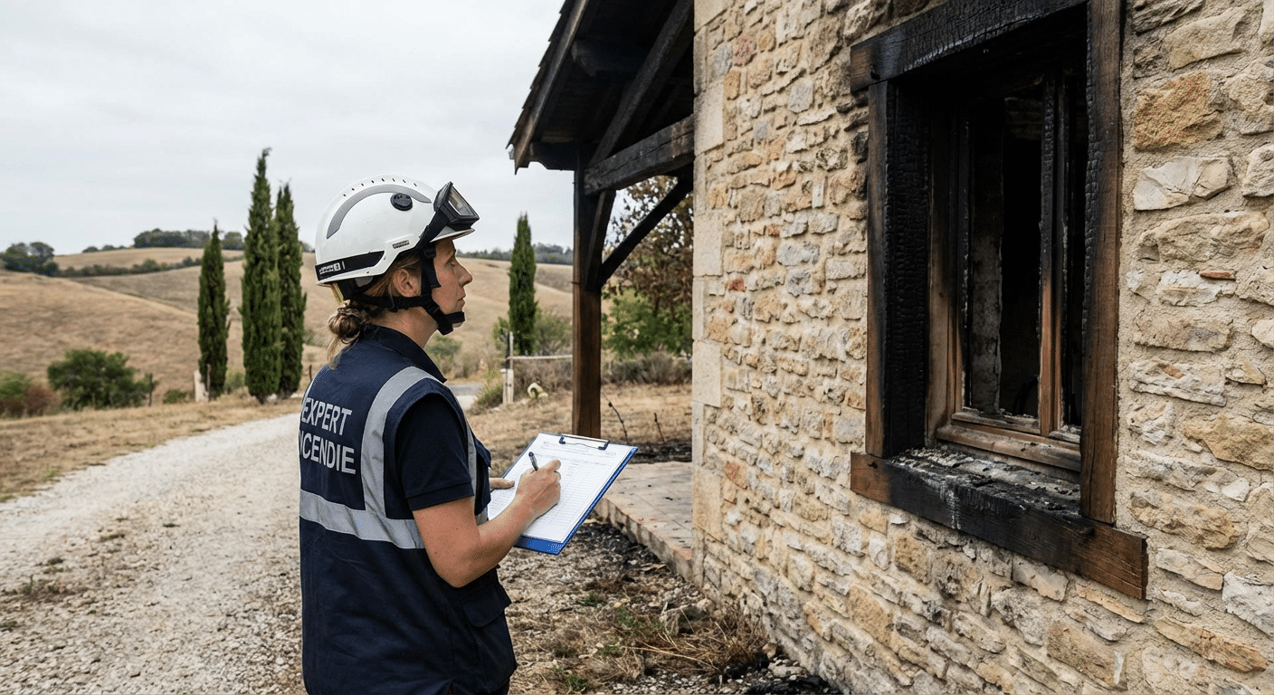 Expert incendie inspectant une résidence secondaire endommagée