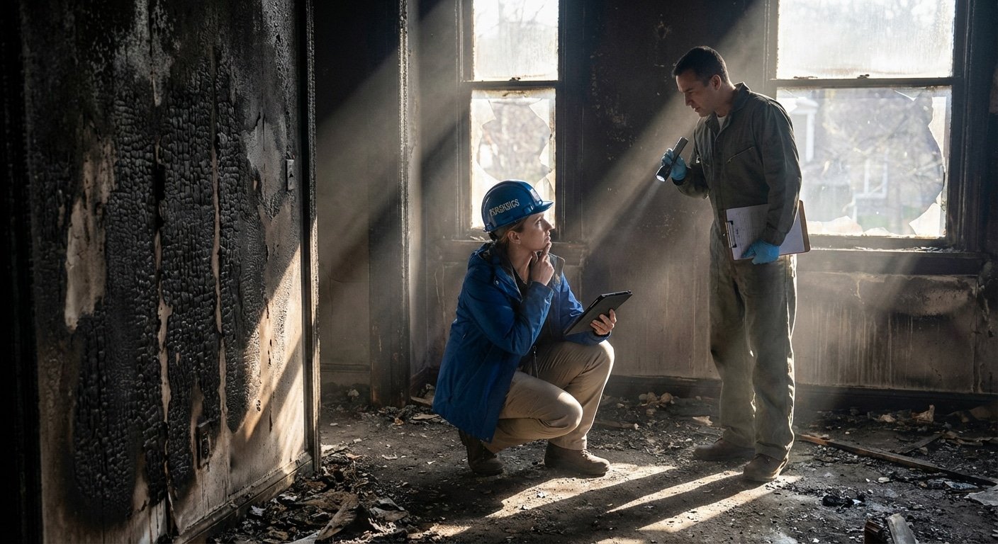 Expert incendie analysant les dégâts dans une habitation sinistrée