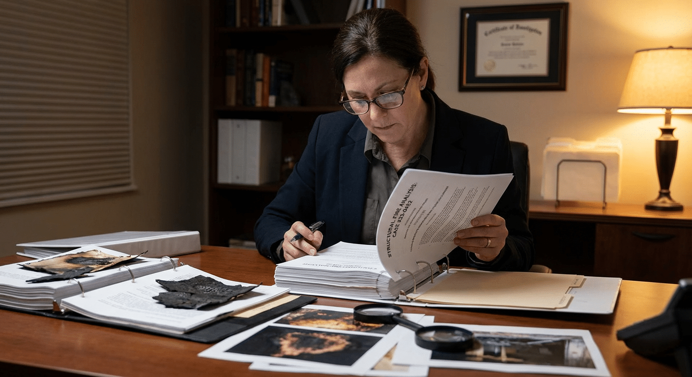 Expert incendie analysant un rapport d'expertise avec documents et photographies sur un bureau