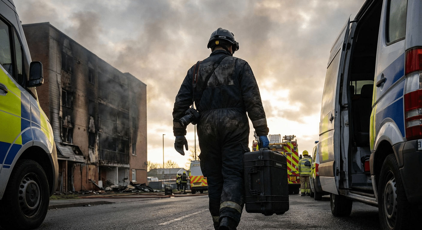 Expert incendie arrivant sur les lieux d'un sinistre pour une intervention rapide