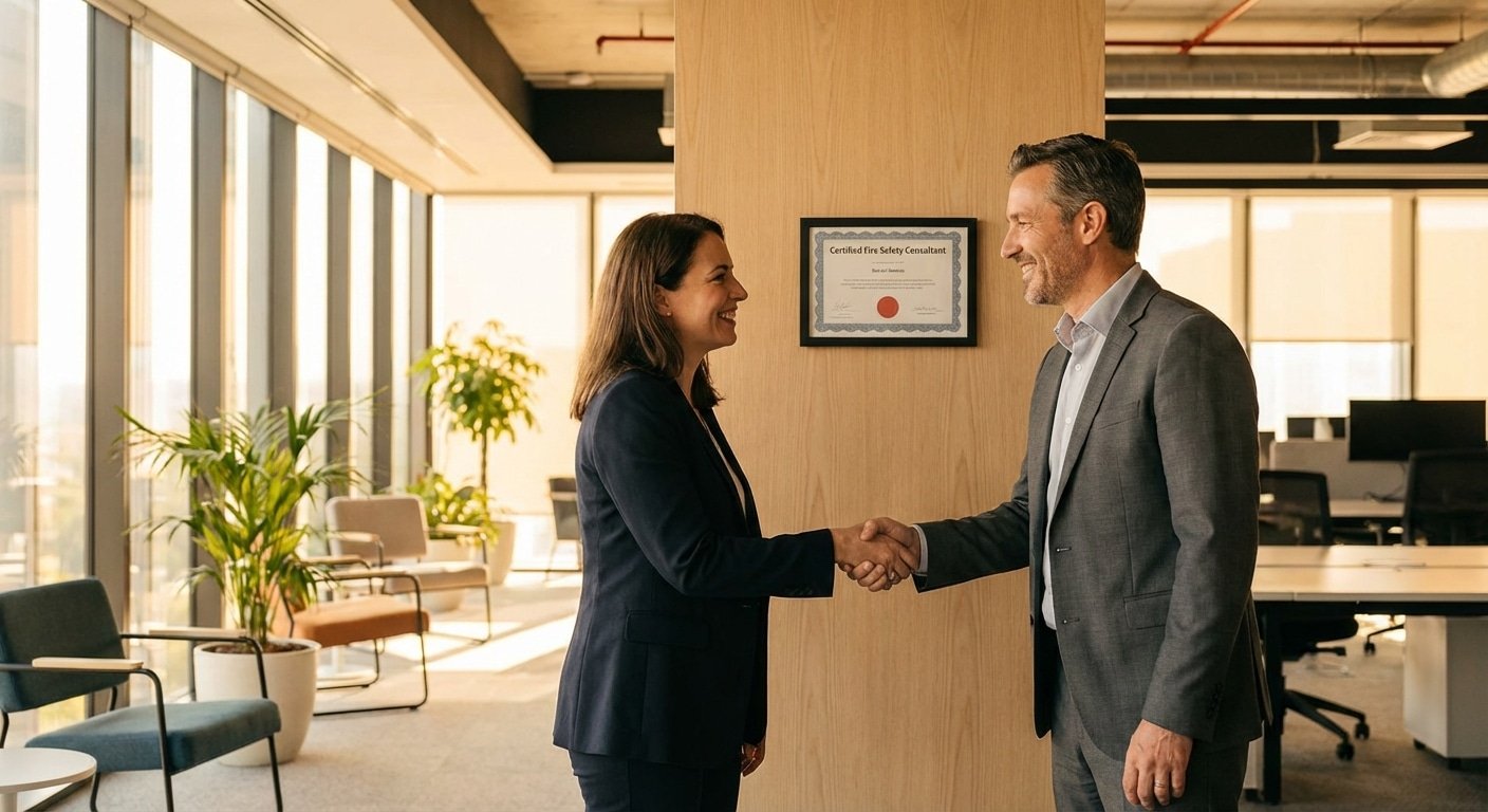 Expert incendie certifié avec un client satisfait après une mission réussie