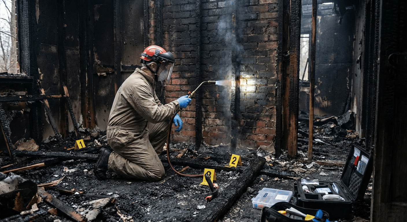 Expert incendie certifie CFEI analysant les traces de combustion sur un sinistre pour identifier les causes du depart de feu