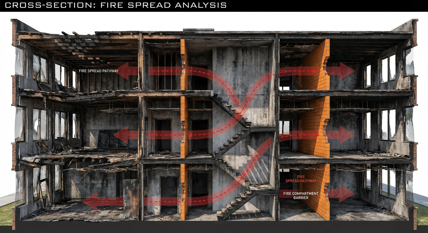 Schema en coupe d un batiment sinistre montrant les voies de propagation et le compartimentage du feu