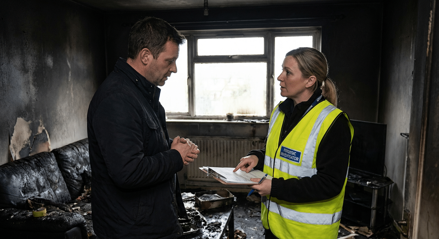 Expert incendie discutant avec un locataire sinistre dans un appartement endommage par le feu