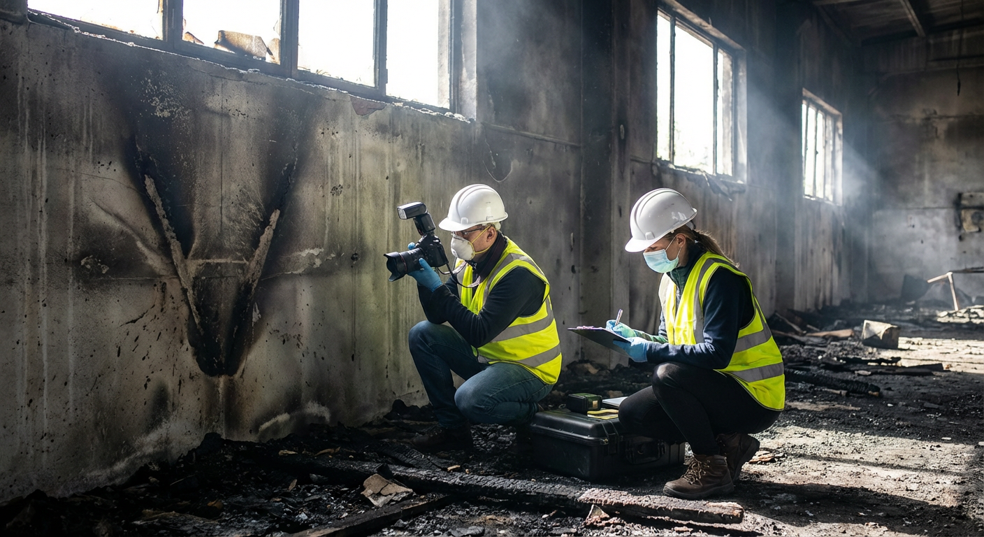 Equipe d experts incendie documentant les degats dans un batiment apres sinistre