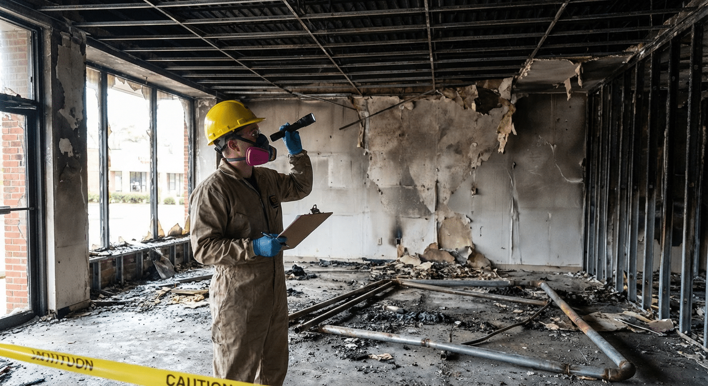 Expert incendie inspectant un local commercial sinistré