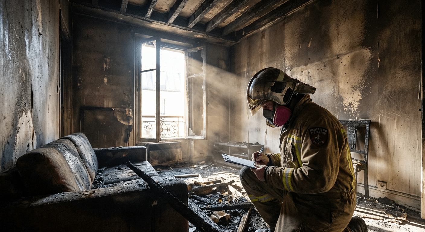 Expert incendie examinant les dégâts dans un appartement après un sinistre - expertise incendie habitation