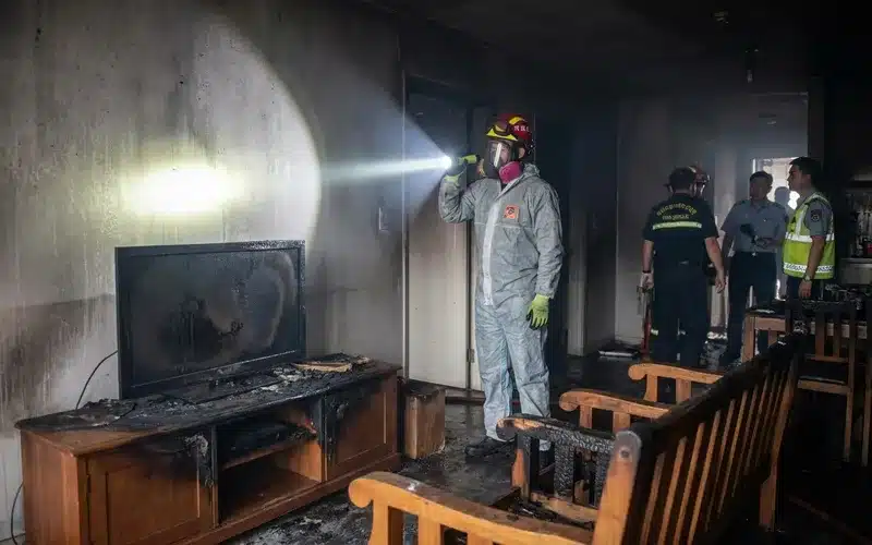 Expert incendie examinant un appartement endommage par les flammes
