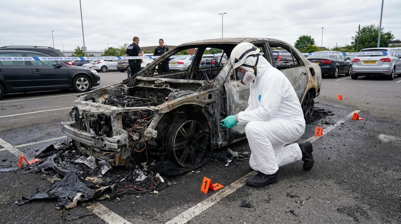 Expert incendie examinant un véhicule brûlé lors d'une expertise incendie véhicule