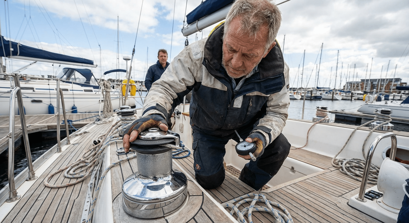 Expert maritime verifiant l accastillage et les winches d un voilier