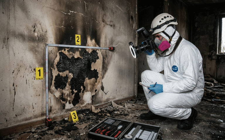 Expert incendie indépendant documentant les traces de feu pour une contre-expertise assurance