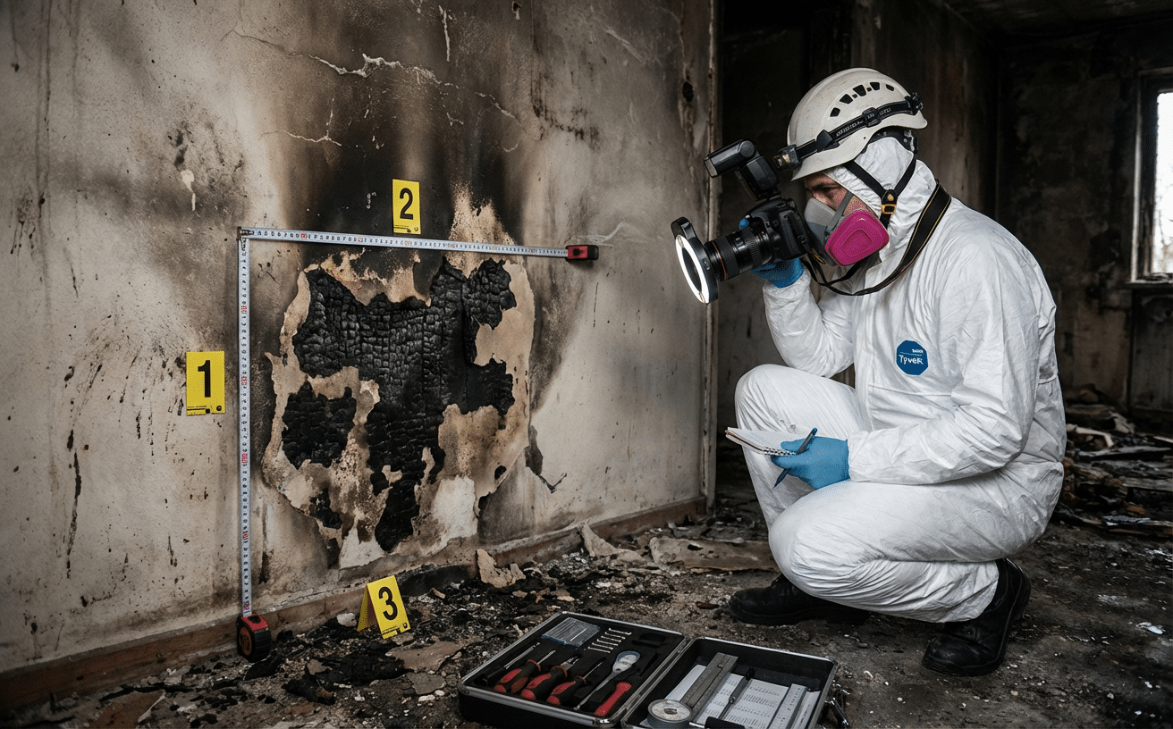 Expert incendie indépendant documentant les traces de feu pour une contre-expertise