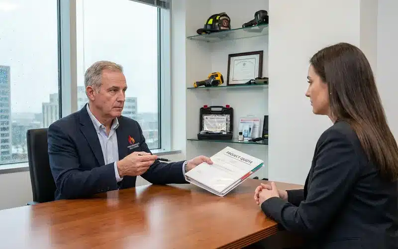 Expert incendie presentant un devis d'expertise a un client
