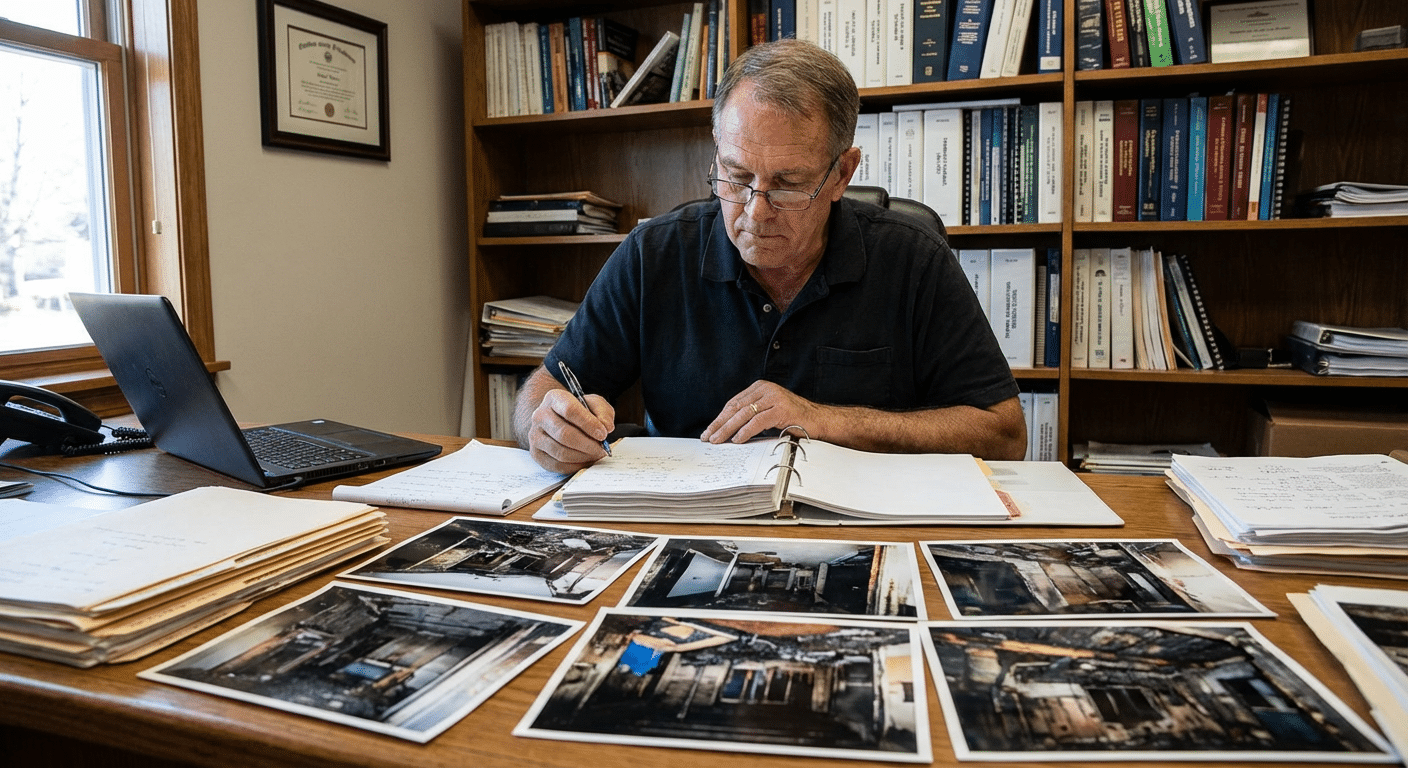Expert incendie redigeant un rapport d expertise detaille avec photographies et analyses techniques du sinistre