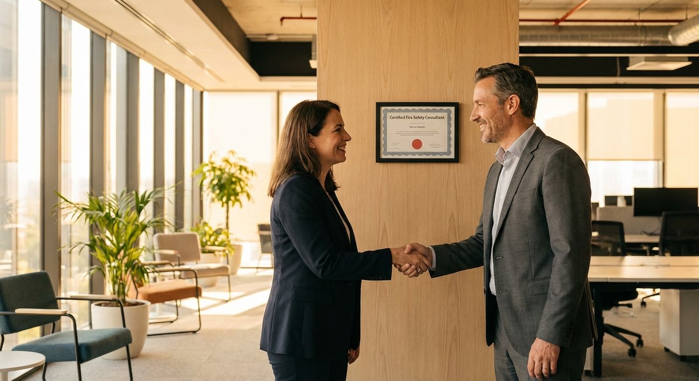 Expert incendie certifié avec un client satisfait après une mission réussie